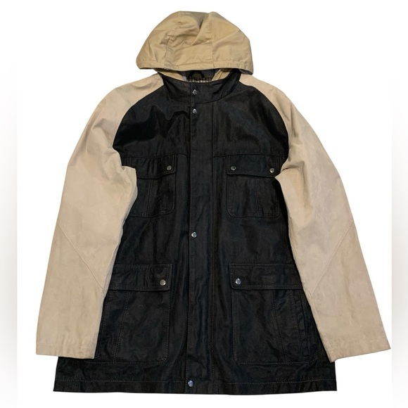 Blink Genuine Leather Colorblock Jacket XL Black Suede & Beige Hooded Parka - Picture 1 of 16